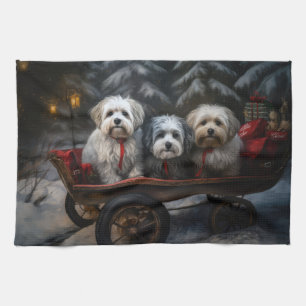 Havanese Snowy Sleigh Christmas Decor Tea Towel