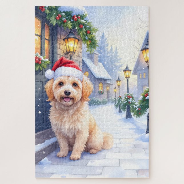 Havanese Snowy Village Walk Santa Hat Christmas Jigsaw Puzzle (Vertical)