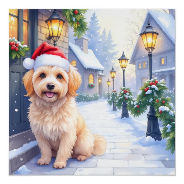 Havanese Snowy Village Walk Santa Hat Christmas Poster (Front)