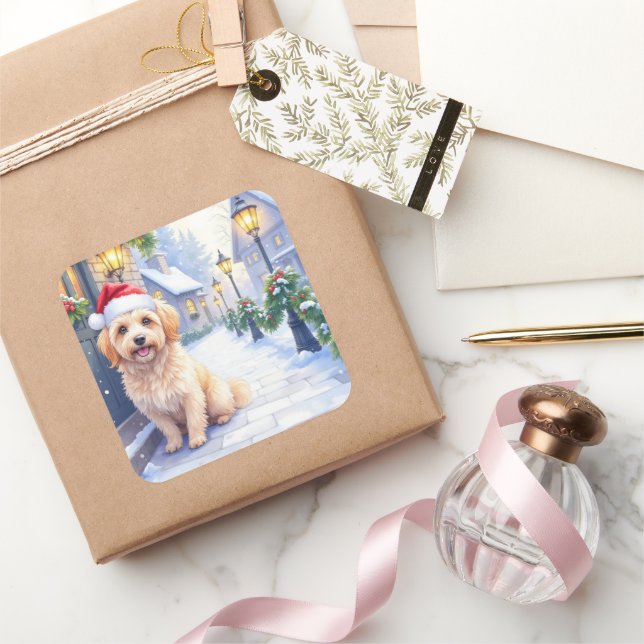 Havanese Snowy Village Walk Santa Hat Christmas Square Sticker (Gifting)