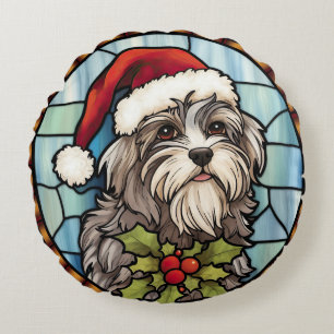 Havanese Stained Glass Christmas Round Cushion