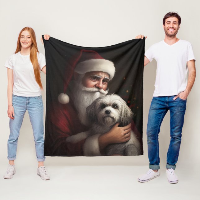 Havanese With Santa Claus Festive Christmas Fleece Blanket (In Situ)