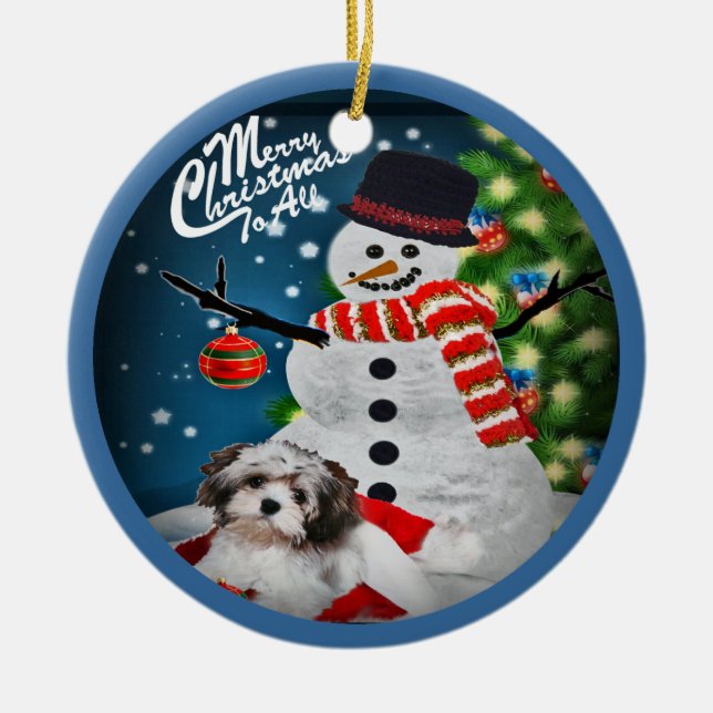 Havanese With Snowman Christmas Ornament (Front)