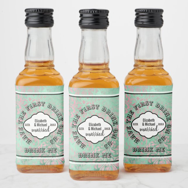 Have 1st Drink On Us - DRINK ME Mint Wedding Favou Liquor Bottle Label (Bottles)