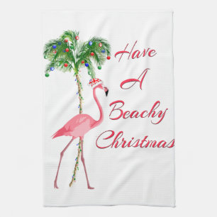 Have A Beachy Christmas Flamingo Tea Towel