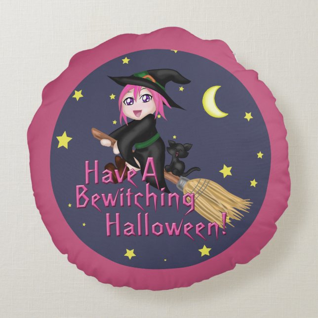 Have A Bewitching Halloween! Round Cushion (Back)