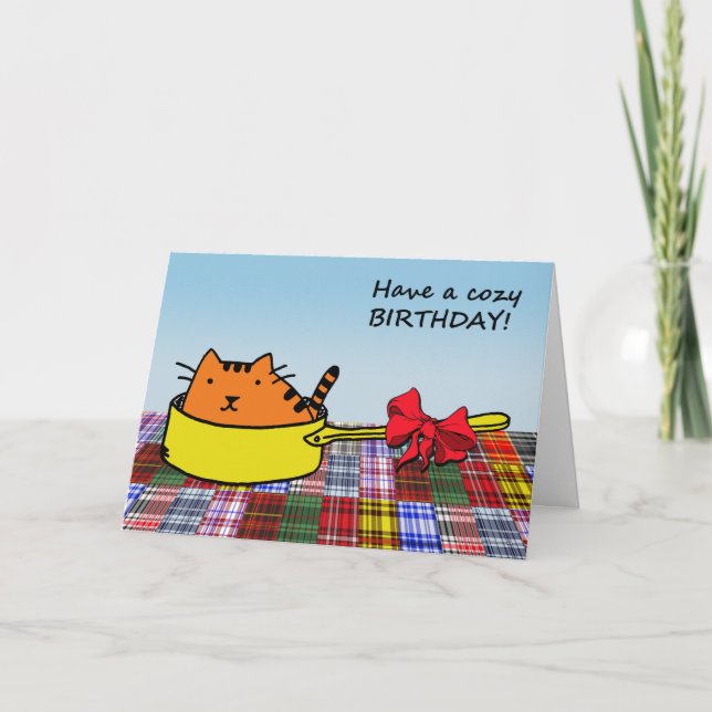 Have a Cosy Birthday! Cute Cat in Pan with Bow Card (Front)