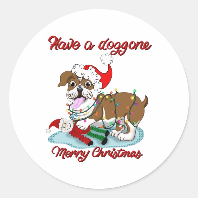 Have A Doggone Merry Christmas Bulldog Xmas Lights Classic Round Sticker (Front)