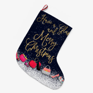Have a Glam Merry Christmas Quote Purse Shoes Tree Large Christmas Stocking