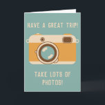 Have a Great Trip Bon Voyage Camera Greeting Card<br><div class="desc">This bon voyage greeting card is perfect for photographers and old school shutterbugs with its illustration of a retro style camera in gold, brown and cream against a light aqua blue background. The front reads, "Have a great trip! Take lots of photos!" and the inside reads "Have a safe and...</div>