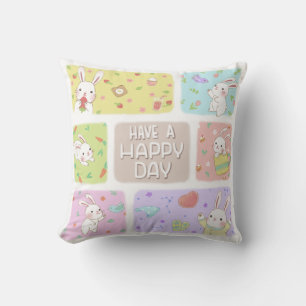 Have A Happy Day: Cute Bunny Illustration Cushion