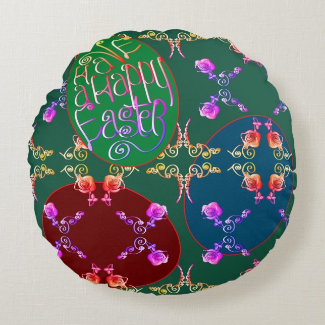"Have a Happy Easter" Eggs in Green  Round Cushion (Front)