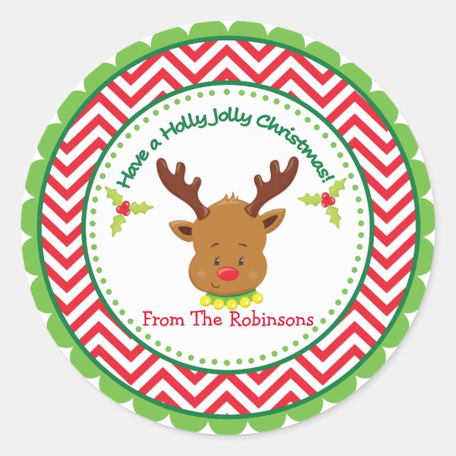 Have a Holly Jolly Christmas Cute Reindeer Classic Round Sticker (Front)