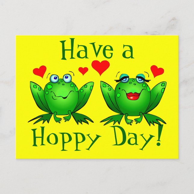 Have a Hoppy Day Cartoon Frogs Happy Yellow Postcard (Front)