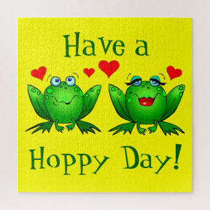 Have a Hoppy Day Cute Cartoon Frogs Green Yellow Jigsaw Puzzle