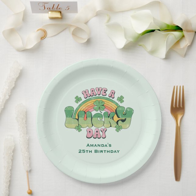 Have a Lucky Day Retro Typography Birthday Paper Plate (Wedding)