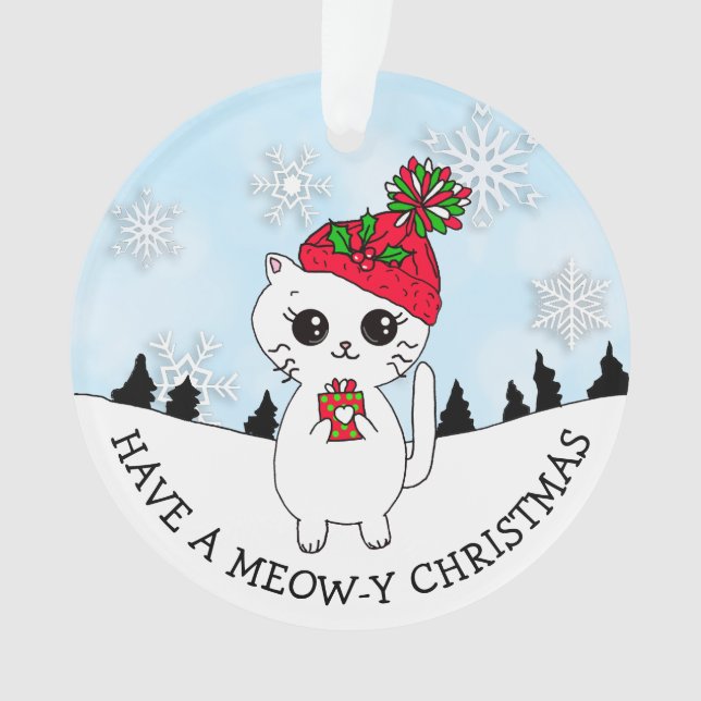 Have a Meow-y Christmas Kitty Cat Cartoon Ornament (Front)