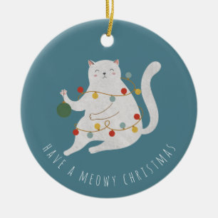Have a Meowy Christmas Fairy Lights Cat Ceramic Ornament