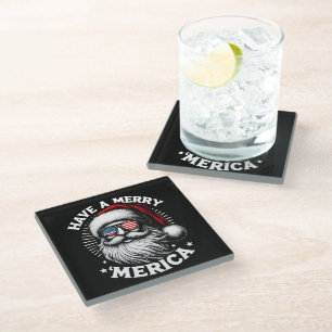 Have A Merry Merica Patriotic Santa Claus Glass Coaster