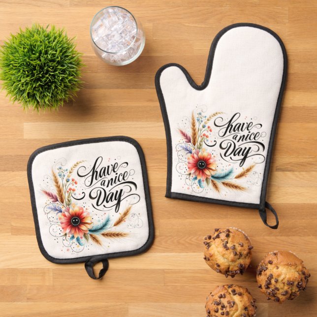 Have a Nice day floral Oven Mitt & Pot Holder Set (Top Down)