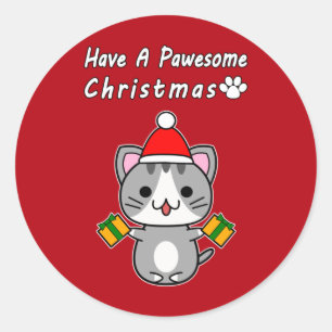 Have A Pawesome Christmas - Grey Tabby Cat Classic Round Sticker