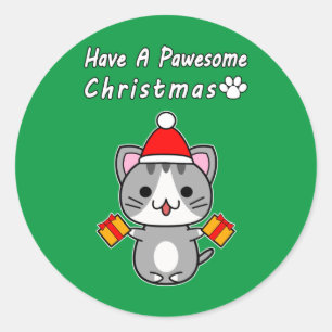 Have A Pawesome Christmas - Grey Tabby Cat Classic Round Sticker
