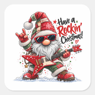 Have a Rockin' Christmas Guitar Gnome Square Sticker