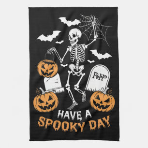 Have A Spooky Day Halloween Witch Gift Skeleton Tea Towel