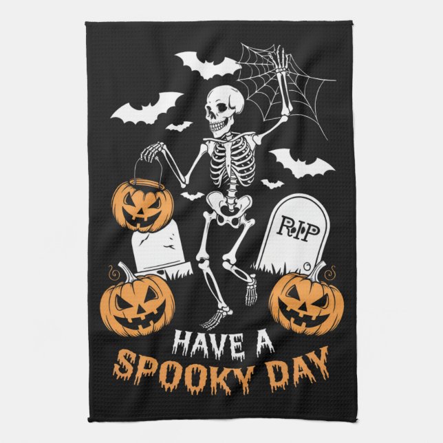 Have A Spooky Day Halloween Witch Gift Skeleton  Tea Towel (Vertical)