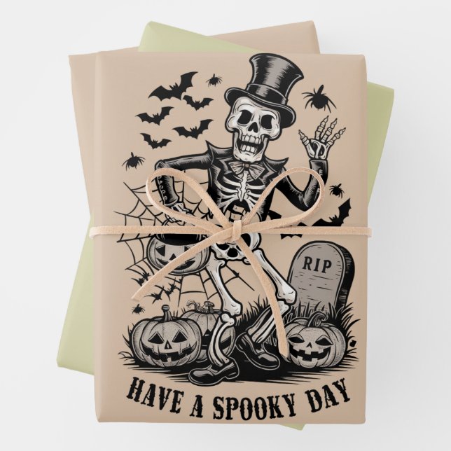Have a spooky Day Halloween Witch Skeleton  Wrapping Paper Sheet (In situ)
