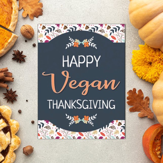 Have a vegan thanksgiving blue floral orange text postcard (Creator Uploaded)