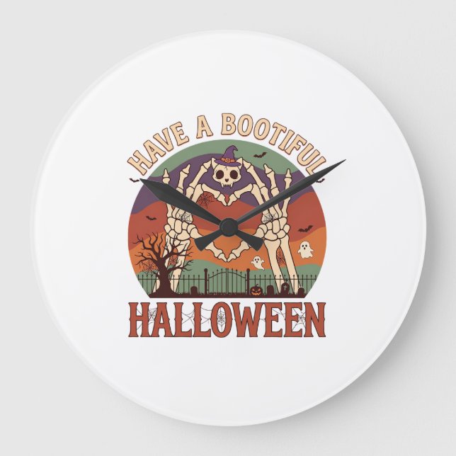 Have Bootiful Halloween Skeleton Hands Cat Skull W Large Clock (Front)