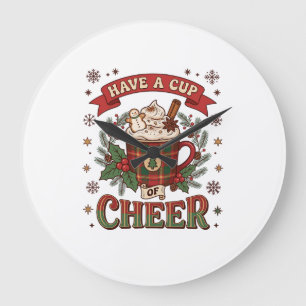 Have Cup Cheer Christmas Plaid Mug Hot Cocoa Snowm Large Clock