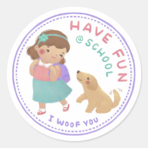 Have Fun at School Girl and Puppy Classic Round Sticker