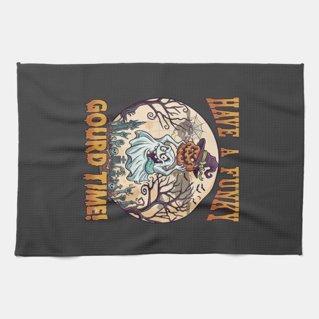 Have Funky Gourd Time Ghost Pumpkin Graveyard Tea Towel (Horizontal)