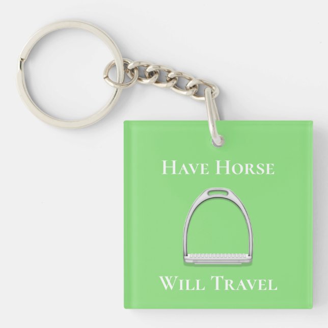 "Have Horse Will Travel" Stirrup Iron Lime Green Key Ring (Front)