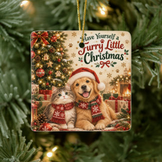 Have Yourself a Furry Little Christmas Cat and Dog Ceramic Ornament