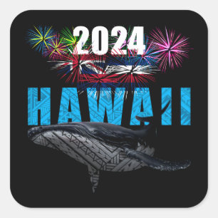 HAWAII 2024 POLYNESIAN TRIBAL HUMPBACK FIREWORKS SQUARE STICKER