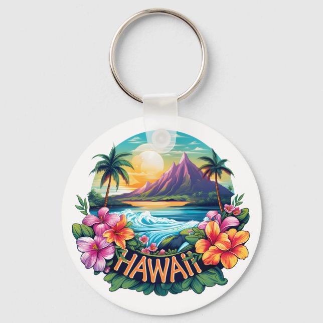 Hawaii Aloha Tropical Beach Mountains Travel Key Ring (Back)