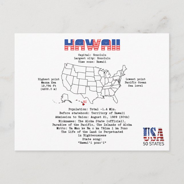 Hawaii American state on a map and useful info Holiday Postcard (Front)