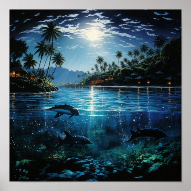Hawaii at Night - Dolphins Swimming" Poster (Front)