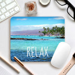 Hawaii Beach Blue Ocean Green Palm Trees Relax Mouse Pad<br><div class="desc">“Relax.” Return back to tropical vacation breezes, clear turquoise blue water and swaying palm trees while you work on your computer with this stunning, vibrantly-coloured photo mousepad. Exhale and explore the peace of this sunny Big Island Hawaiian beach. Makes a great gift for someone special! You can easily personalise this...</div>