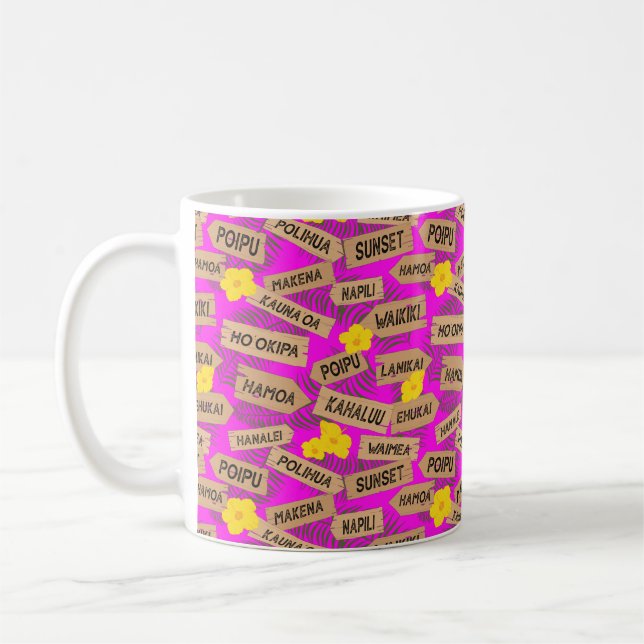 Hawaii Beach Names on Pink Coffee Mug (Left)