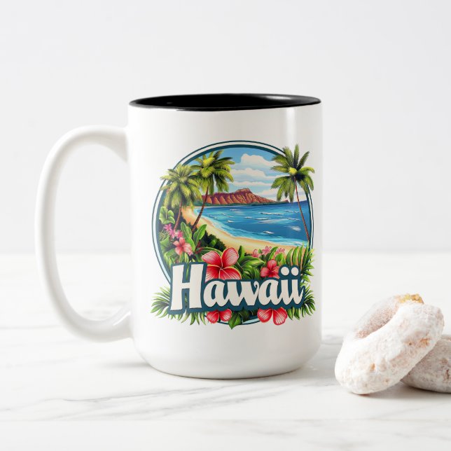Hawaii Beach Tropical Flowers Mountains Travel Art Two-Tone Coffee Mug (With Donut)
