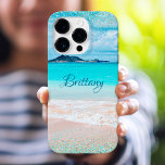 Hawaii Beach Tropical Girly Blue Confetti Custom iPhone 16 Pro Case<br><div class="desc">Think of summer each time you use this personalised name cell phone case. Enjoy the solitude of an empty Hawaii beach with this stunning, vibrantly-coloured coastal photo, tipped with tiny, sparkly turquoise blue and gold, glam confetti dots. Makes a great gift for someone special! Just type in the name of...</div>