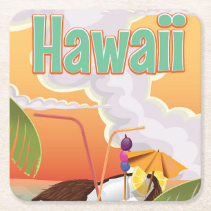 Hawaii beach vacation poster square paper coaster