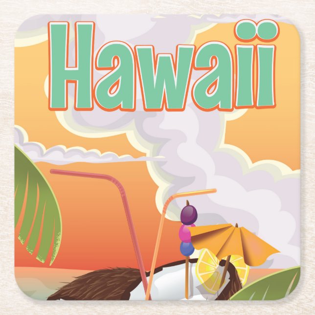 Hawaii beach vacation poster square paper coaster (Front)