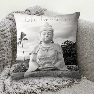 Hawaii Buddha Black White Photo Just Breathe Quote Cushion