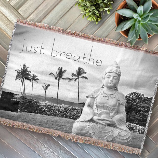 Hawaii Buddha Black White Photo Just Breathe Quote Throw Blanket (Creator Uploaded)