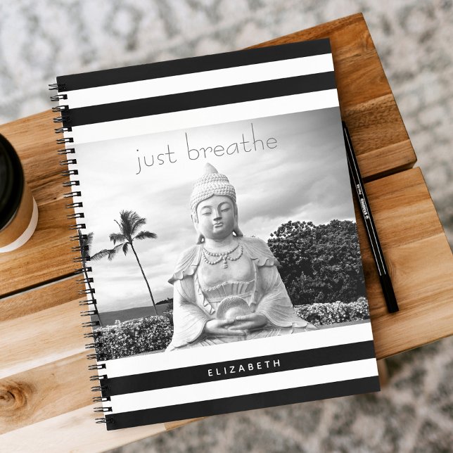 Hawaii Buddha Black White Stripes Just Breathe Notebook (Creator Uploaded)